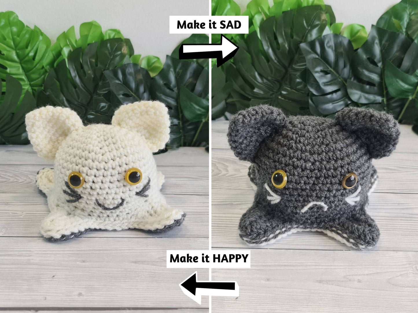 3 Reversible Crochet Amigurumi Toys Bundle - Reversible Octopus Pattern Reversible Mood Cat & Spooky Ghost Amigurumi Toys - Baby Shower Gift