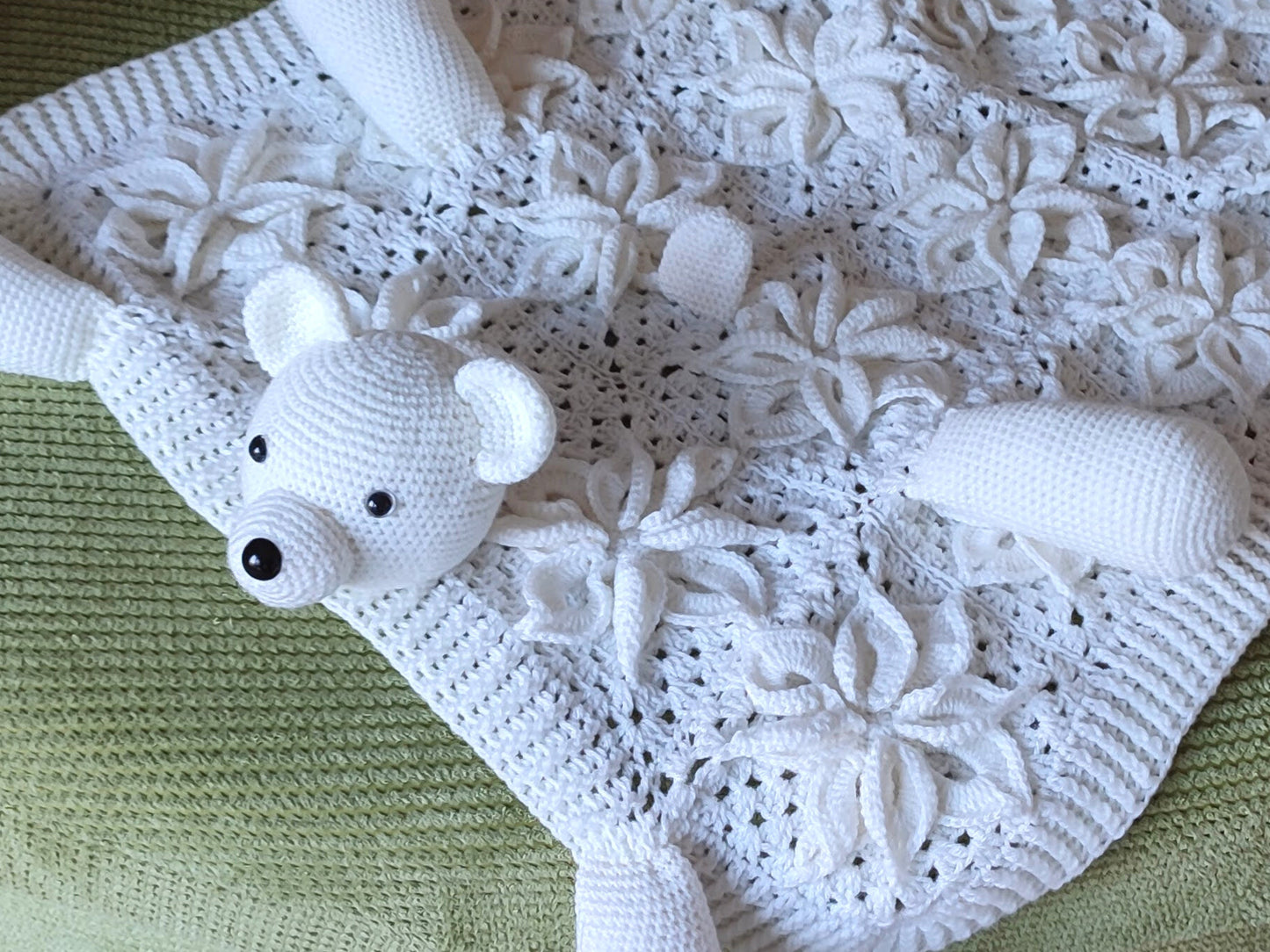 3in1 Polar Bear Folding Baby Blanket Crochet Pattern Pram Toy Blanket Lovey Teddy Bear Baby Shower Baby Gift Birthday Nursery Flower Afghan