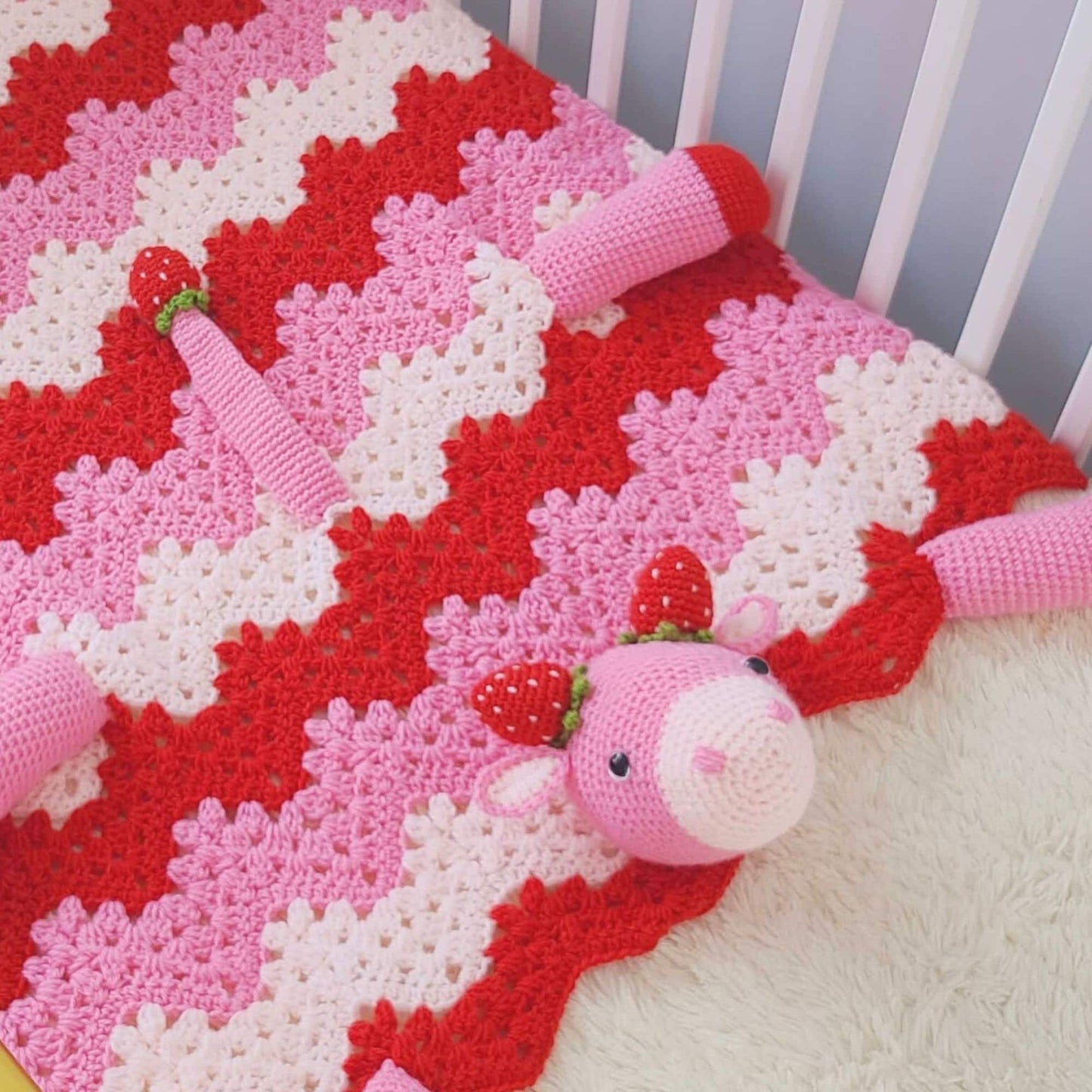 3 PATTERN BUNDLE Amigurumi Cow Baby Blankets - Scottish Highland Cow, Black Spotted Farm Cow, Strawberry Cow Baby Shower Gift Animal Blanket