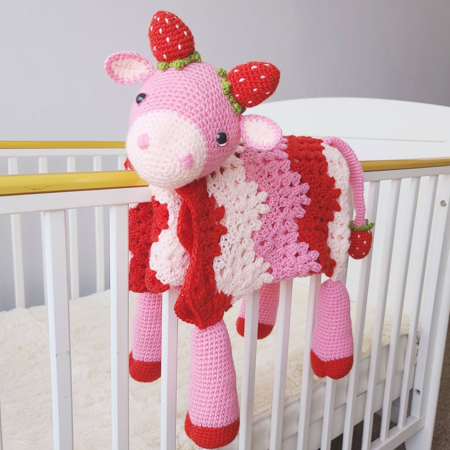 3 PATTERN BUNDLE Amigurumi Cow Baby Blankets - Scottish Highland Cow, Black Spotted Farm Cow, Strawberry Cow Baby Shower Gift Animal Blanket