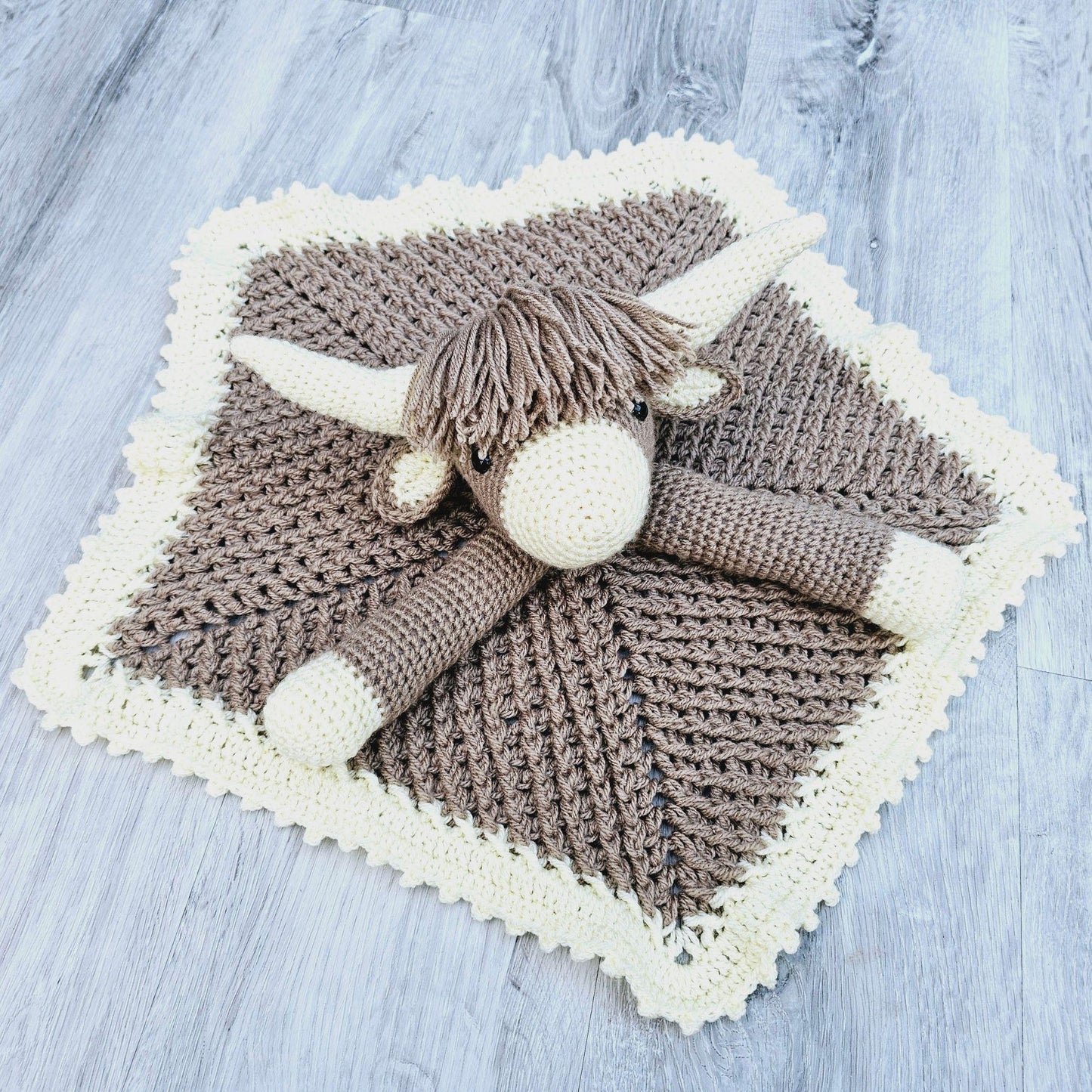 Highland Cow Baby Lovey Blanket Crochet Pattern | Scottish Cow Baby Shower Gift Farm Animals Cow Lovey Blankie For Baby Birthday Gift Baby
