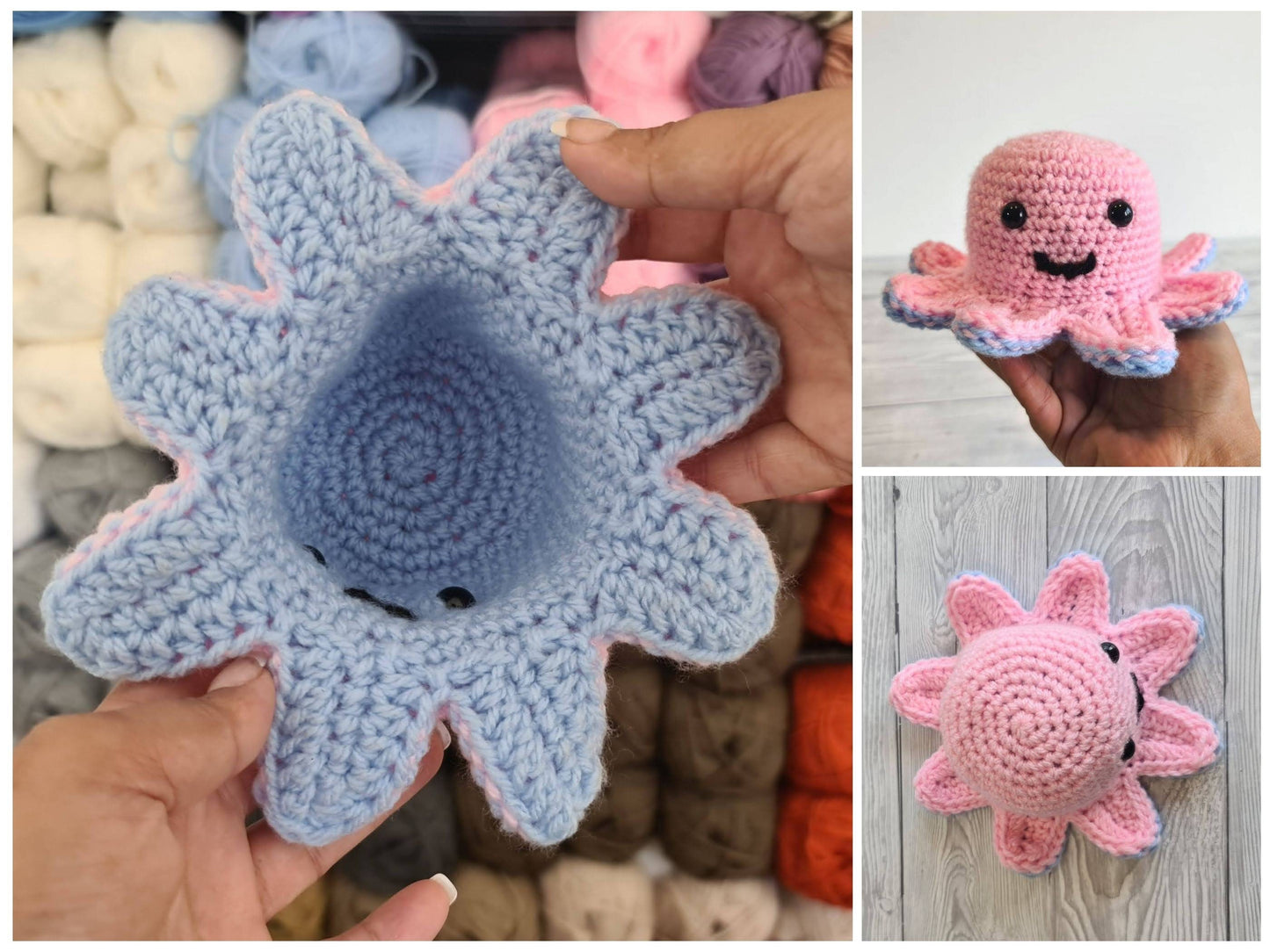 3 Reversible Crochet Amigurumi Toys Bundle - Reversible Octopus Pattern Reversible Mood Cat & Spooky Ghost Amigurumi Toys - Baby Shower Gift