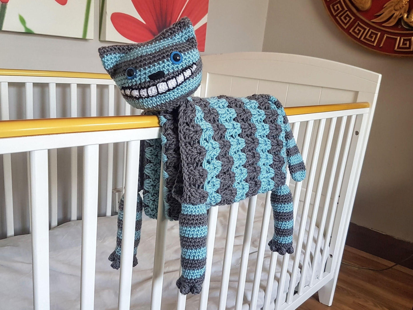 3in1 Cheshire Cat Folding Baby Blanket Crochet Pattern Stroller Pram Toy Security Blanket Lovey Baby Shower Gift Alice Wonderland Halloween