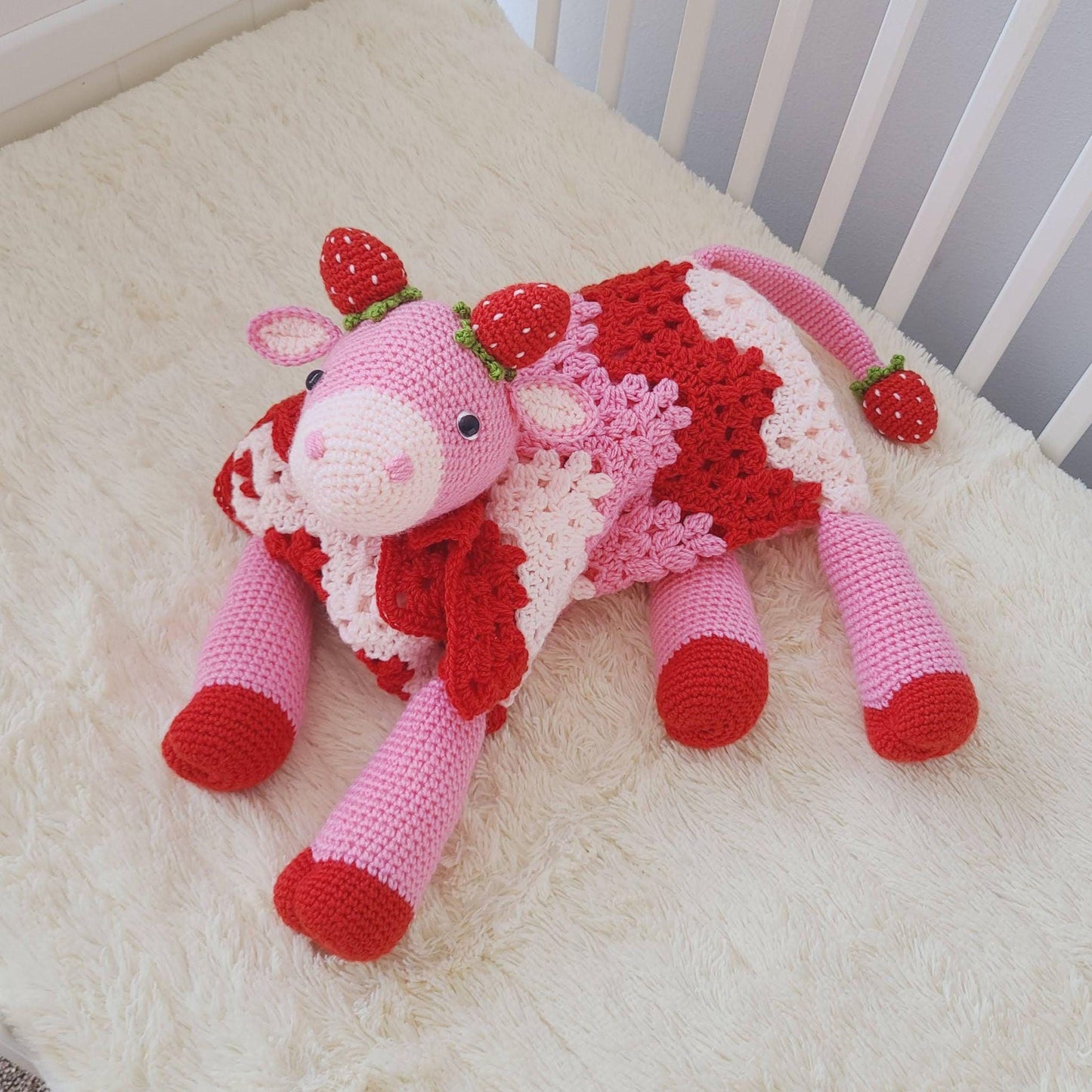 Strawberry Cow Baby Blanket & Lovey Baby Shower Set Crochet Patterns | Pram Blanket Toy Play Mat Baby Security Blanket Stroller Baby Gifts