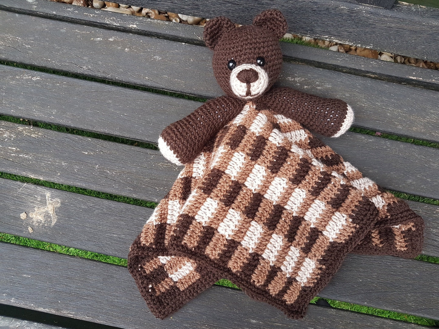 Barry The Bear Baby Lovey Security Blanket Comforter Toy Crochet Pattern ~ Baby Shower Birthday Gift Unisex Brown Plaid Gingham Blanket