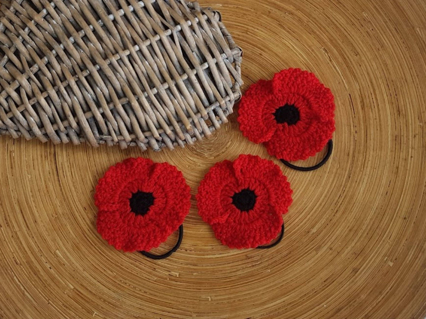Bundle of 3 Poppy Flower Crochet Patterns | Poppy Brooch, Poppy Pin, Poppy Hair Tie - Easy Flower Applique For Blanket Hat Clothes Jewelry