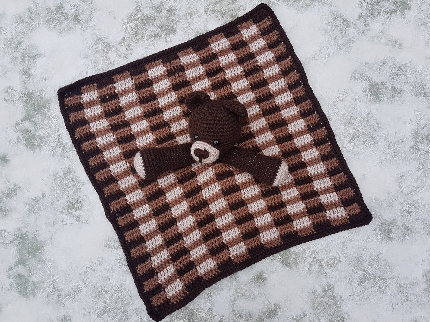 Barry The Bear Baby Lovey Security Blanket Comforter Toy Crochet Pattern ~ Baby Shower Birthday Gift Unisex Brown Plaid Gingham Blanket