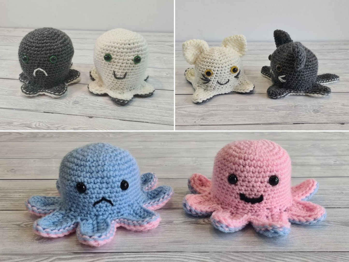 3 Reversible Crochet Amigurumi Toys Bundle - Reversible Octopus Pattern Reversible Mood Cat & Spooky Ghost Amigurumi Toys - Baby Shower Gift