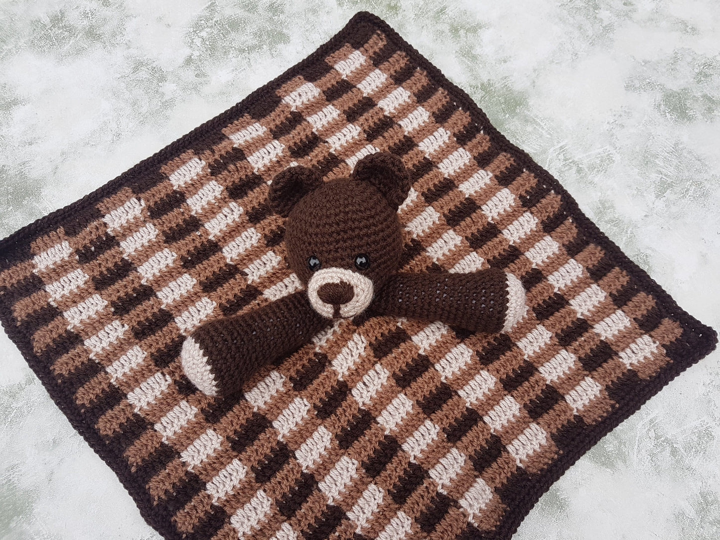Barry The Bear Baby Lovey Security Blanket Comforter Toy Crochet Pattern ~ Baby Shower Birthday Gift Unisex Brown Plaid Gingham Blanket