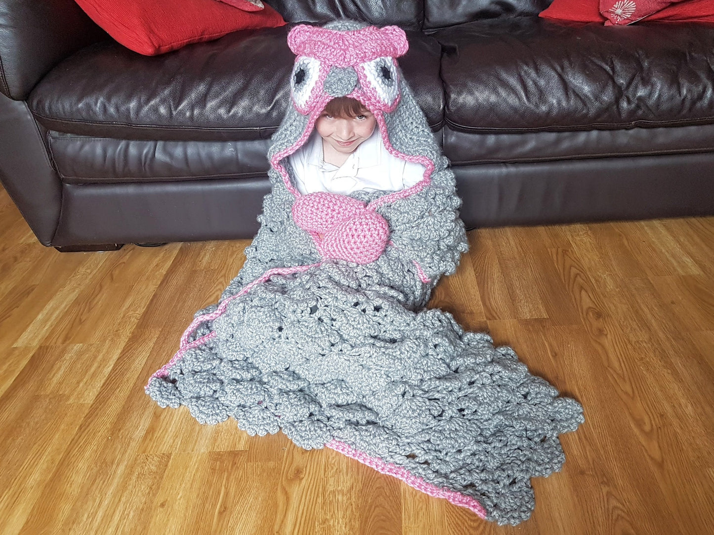 2 in 1 Woodland Owl Hooded Blanket in Child & Adult Size - Full Body Blanket w Mittens and Hood - Ruffled Feathers Look - Folds Into Cushion