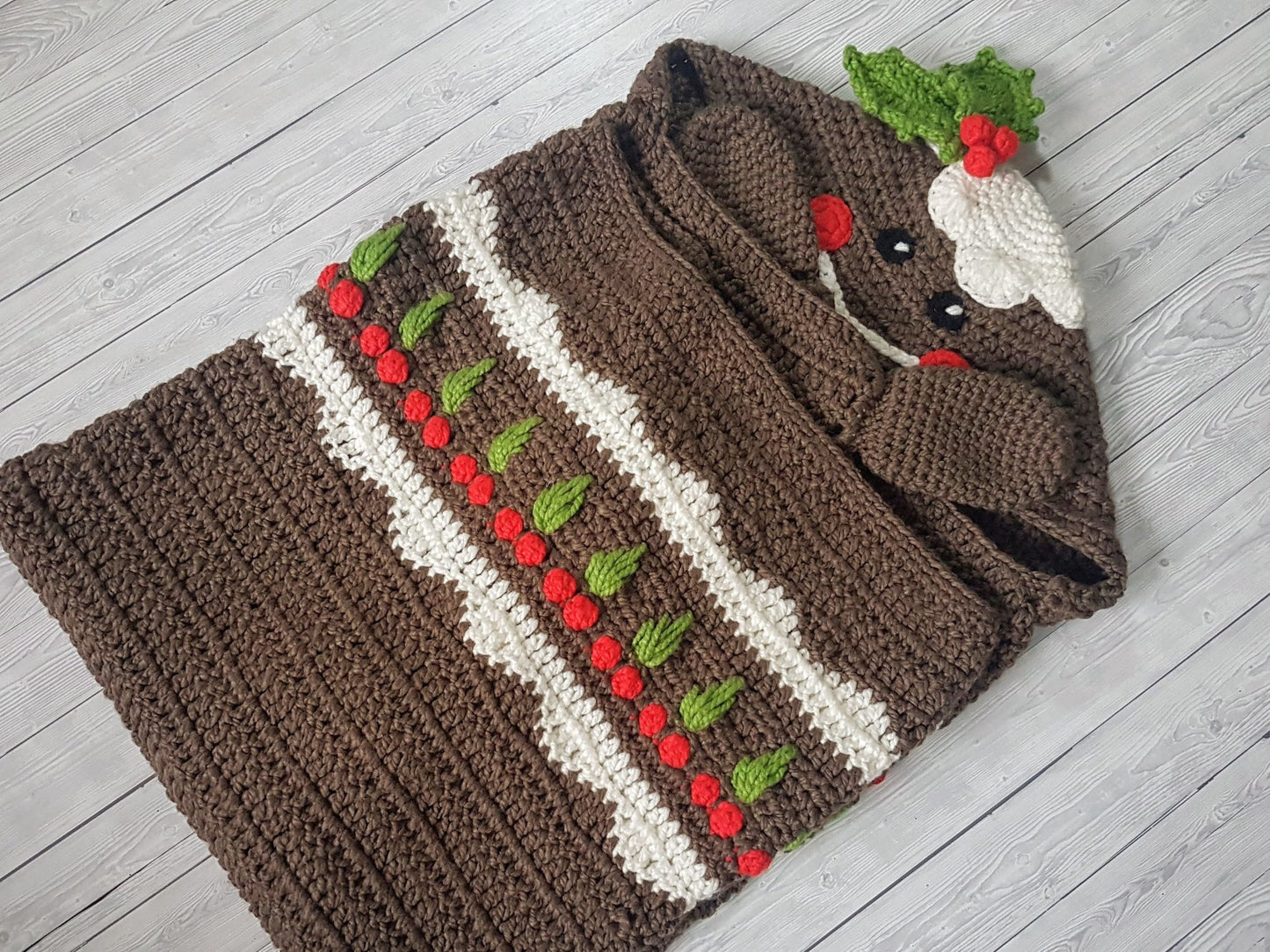 2in1 Hooded Christmas Blanket Christmas Crochet Pattern Pudding Holly Border Adult & Child Wearable Blanket Christmas Birthday Gift Afghan