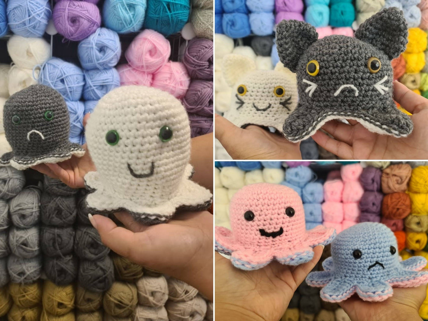 3 Reversible Crochet Amigurumi Toys Bundle - Reversible Octopus Pattern Reversible Mood Cat & Spooky Ghost Amigurumi Toys - Baby Shower Gift