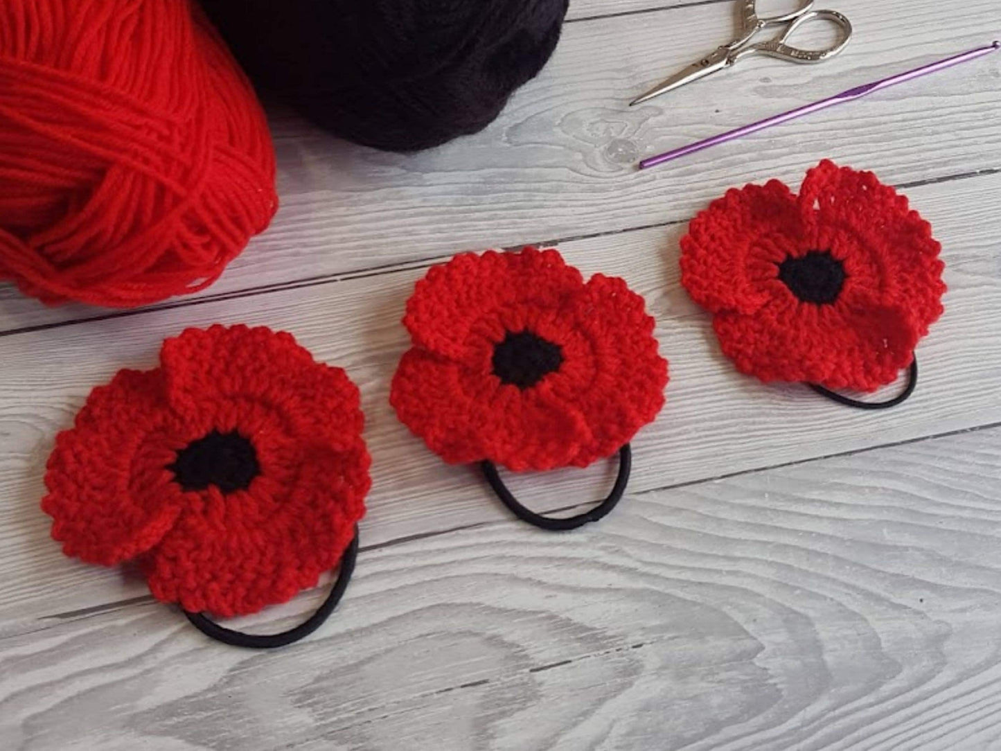 Bundle of 3 Poppy Flower Crochet Patterns | Poppy Brooch, Poppy Pin, Poppy Hair Tie - Easy Flower Applique For Blanket Hat Clothes Jewelry