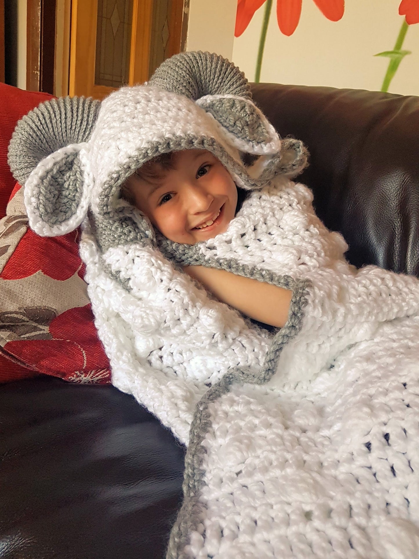 2 in 1 Hooded Ram Sheep Blanket in Adult and Child Sizes Crochet Pattern - Easter Spring Lamb Folding Blanket with Horns