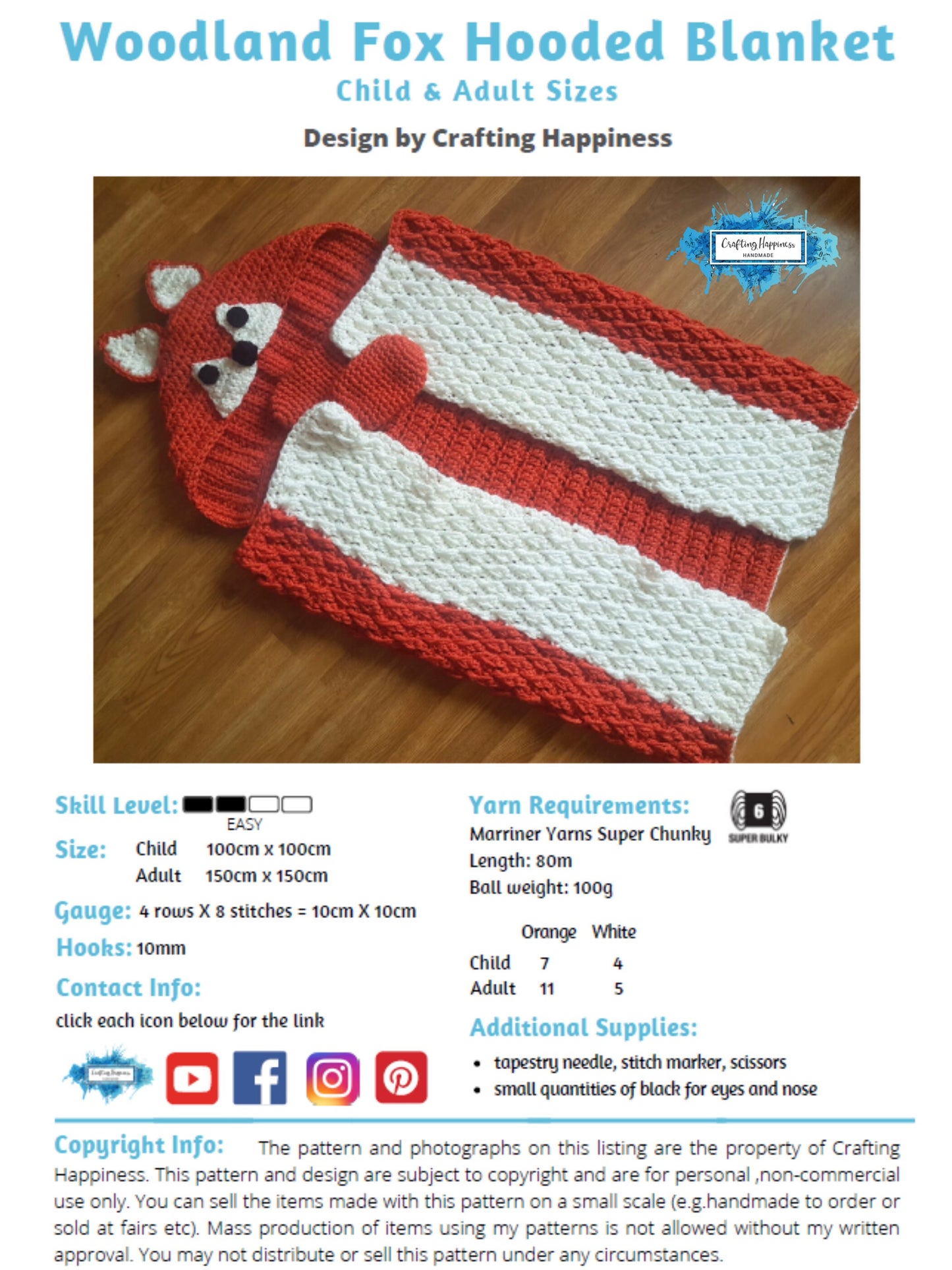 Woodland Fox Hooded Blanket For Adults & Kids Crochet Pattern | Animal Blanket With Hood | Wearable Blanket | Fox Blanket Child | Present