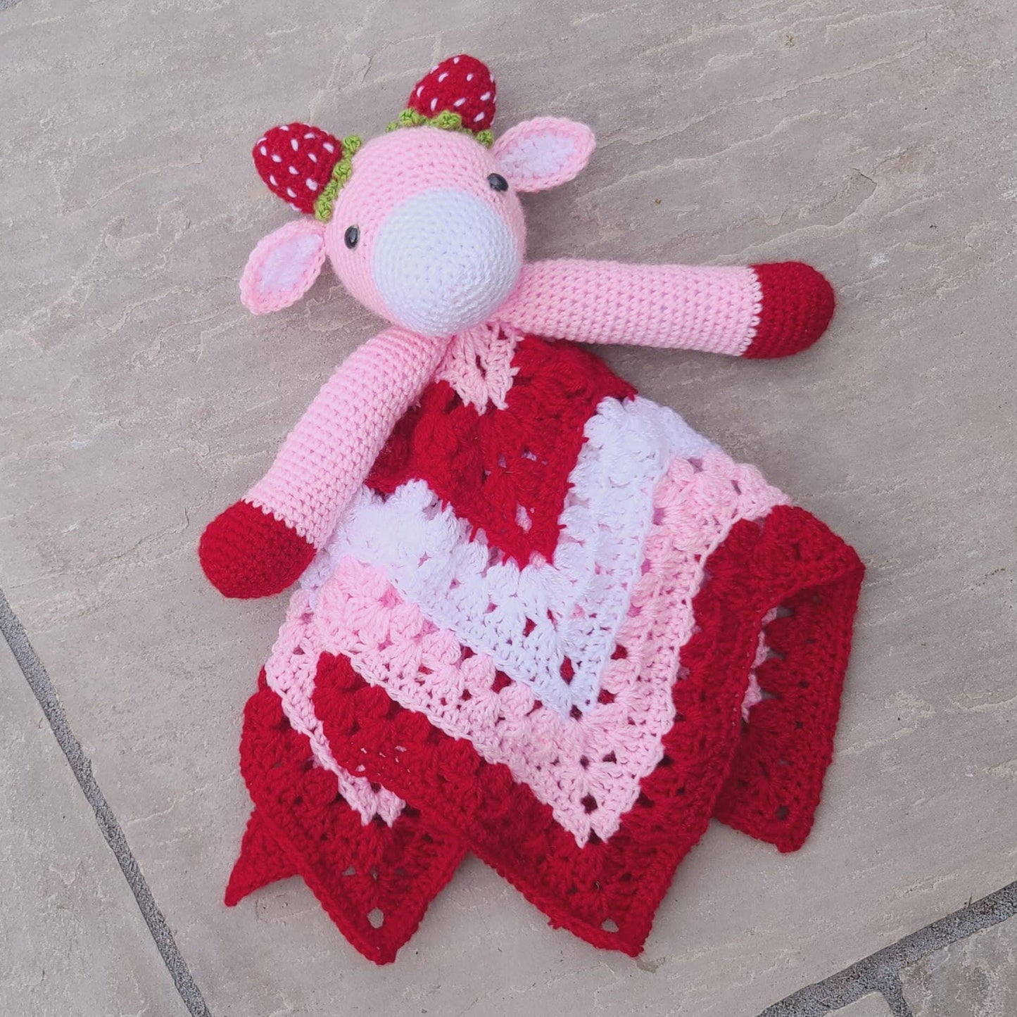 Strawberry Cow Baby Lovey Blanket Comforter Security Blanket Crochet Pattern | Baby Shower Gift - Farm Animals Cow Blanket Blankie For Baby