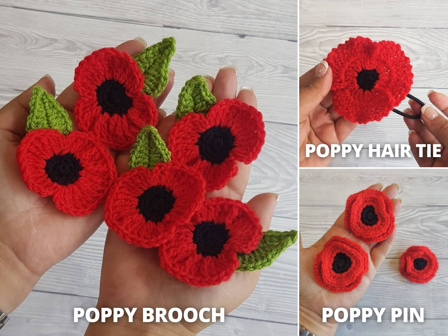 Bundle of 3 Poppy Flower Crochet Patterns | Poppy Brooch, Poppy Pin, Poppy Hair Tie - Easy Flower Applique For Blanket Hat Clothes Jewelry