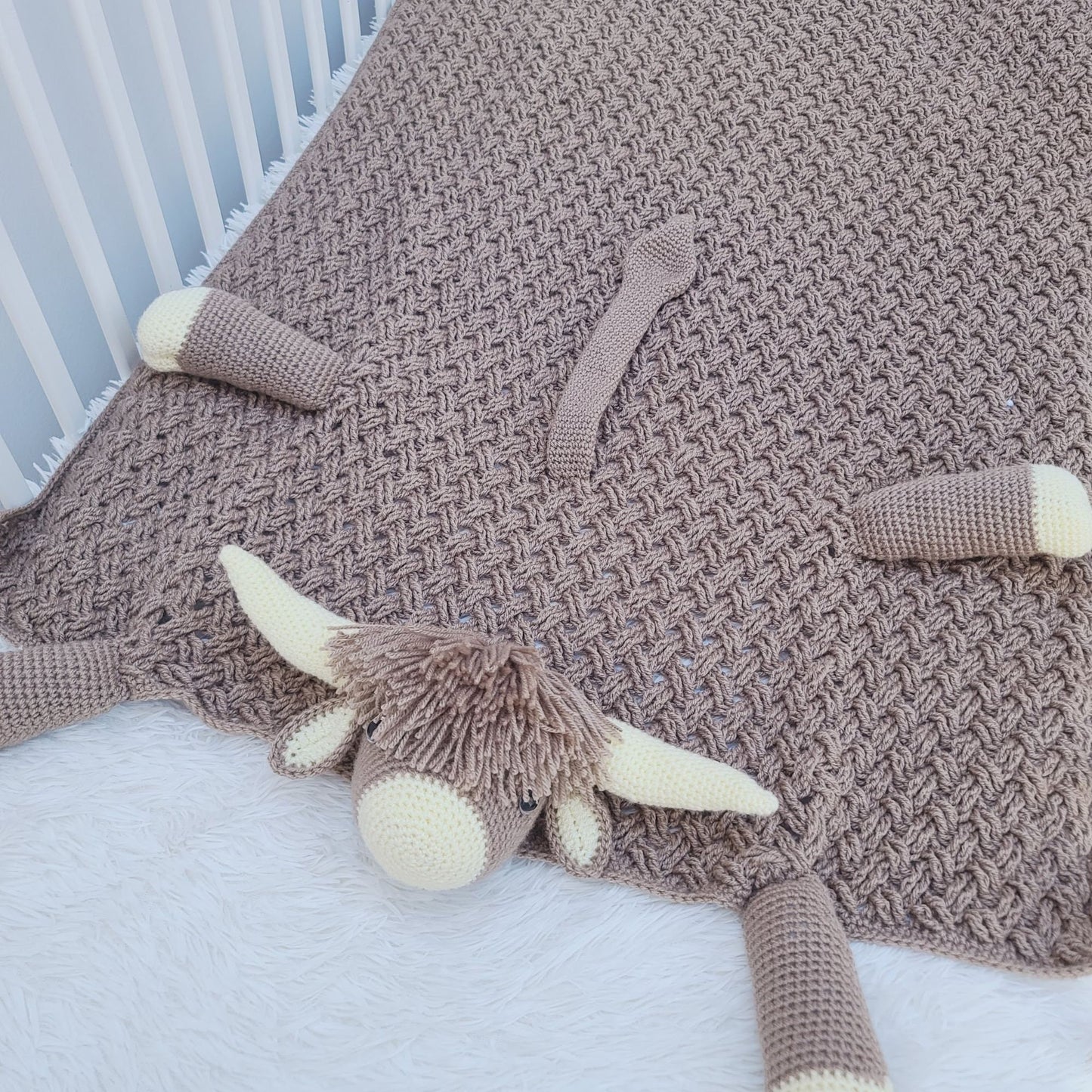 3 PATTERN BUNDLE Amigurumi Cow Baby Blankets - Scottish Highland Cow, Black Spotted Farm Cow, Strawberry Cow Baby Shower Gift Animal Blanket