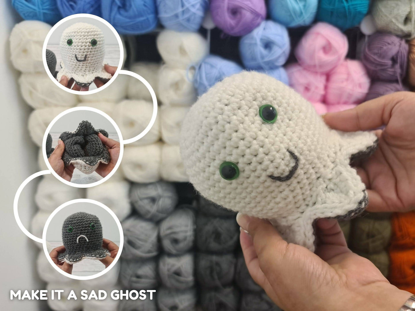 3 Reversible Crochet Amigurumi Toys Bundle - Reversible Octopus Pattern Reversible Mood Cat & Spooky Ghost Amigurumi Toys - Baby Shower Gift