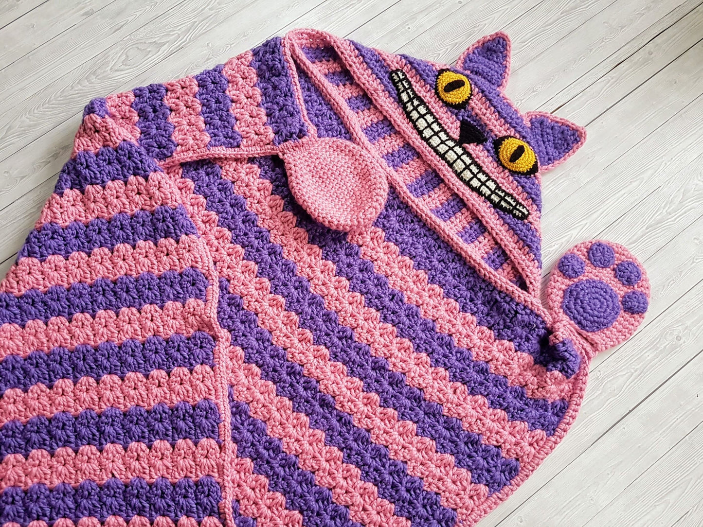 2 in 1 Hooded Cheshire Cat Blanket in Adult and Child Sizes CROCHET PATTERN Wearable Blanket Halloween Costume Birthday Gift Pink Cat Afghan