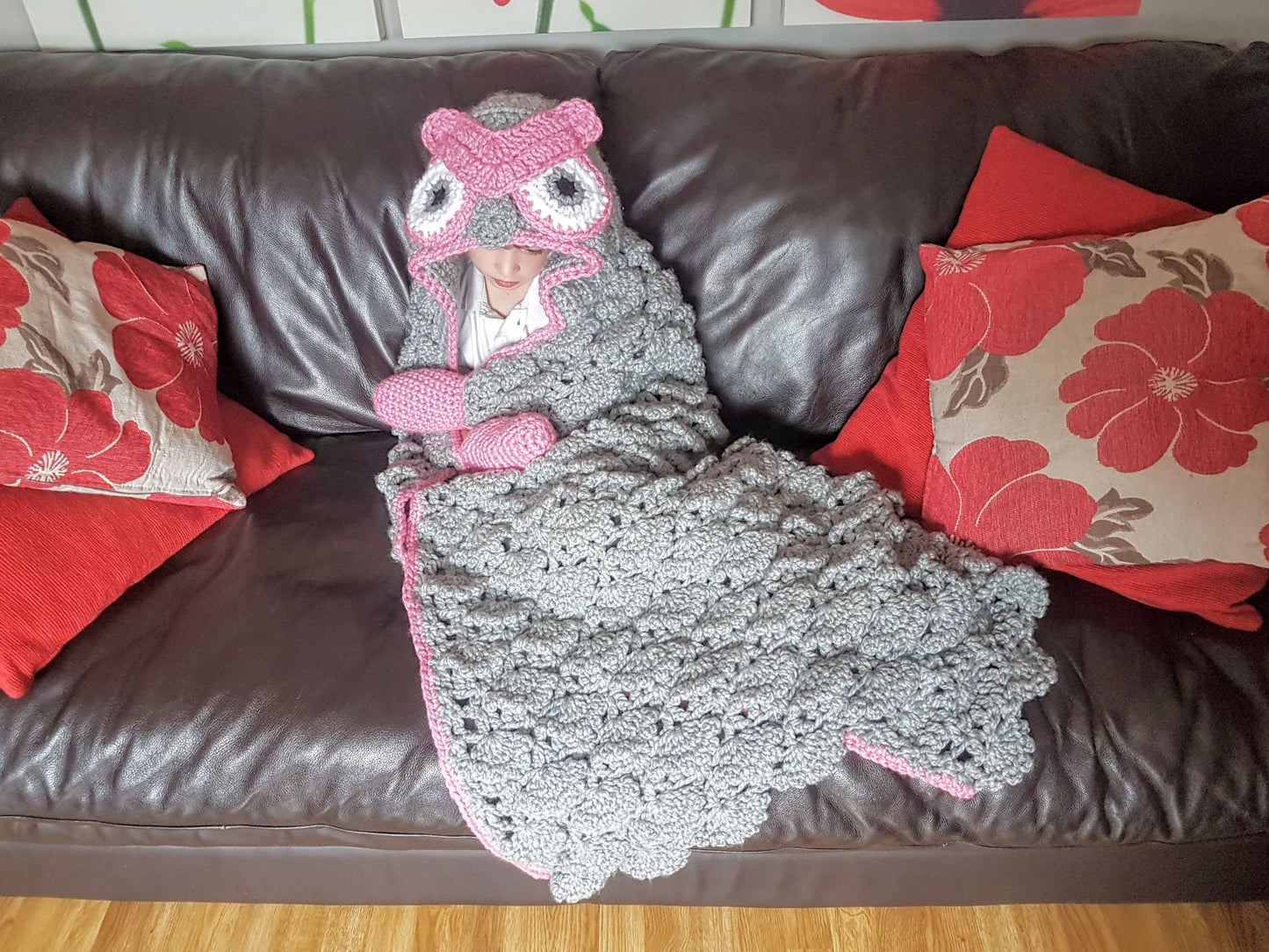 2 in 1 Woodland Owl Hooded Blanket in Child & Adult Size - Full Body Blanket w Mittens and Hood - Ruffled Feathers Look - Folds Into Cushion