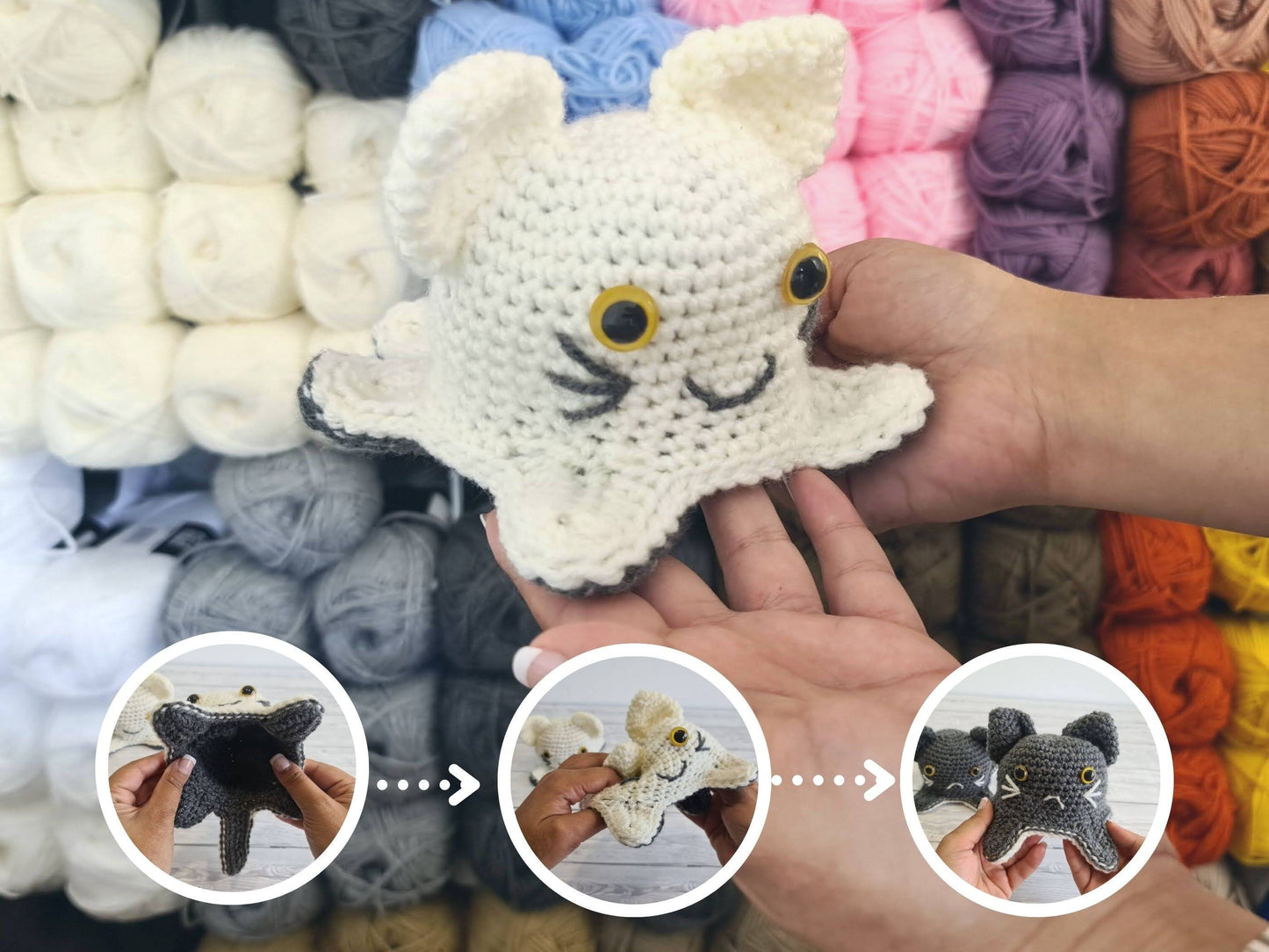 3 Reversible Crochet Amigurumi Toys Bundle - Reversible Octopus Pattern Reversible Mood Cat & Spooky Ghost Amigurumi Toys - Baby Shower Gift