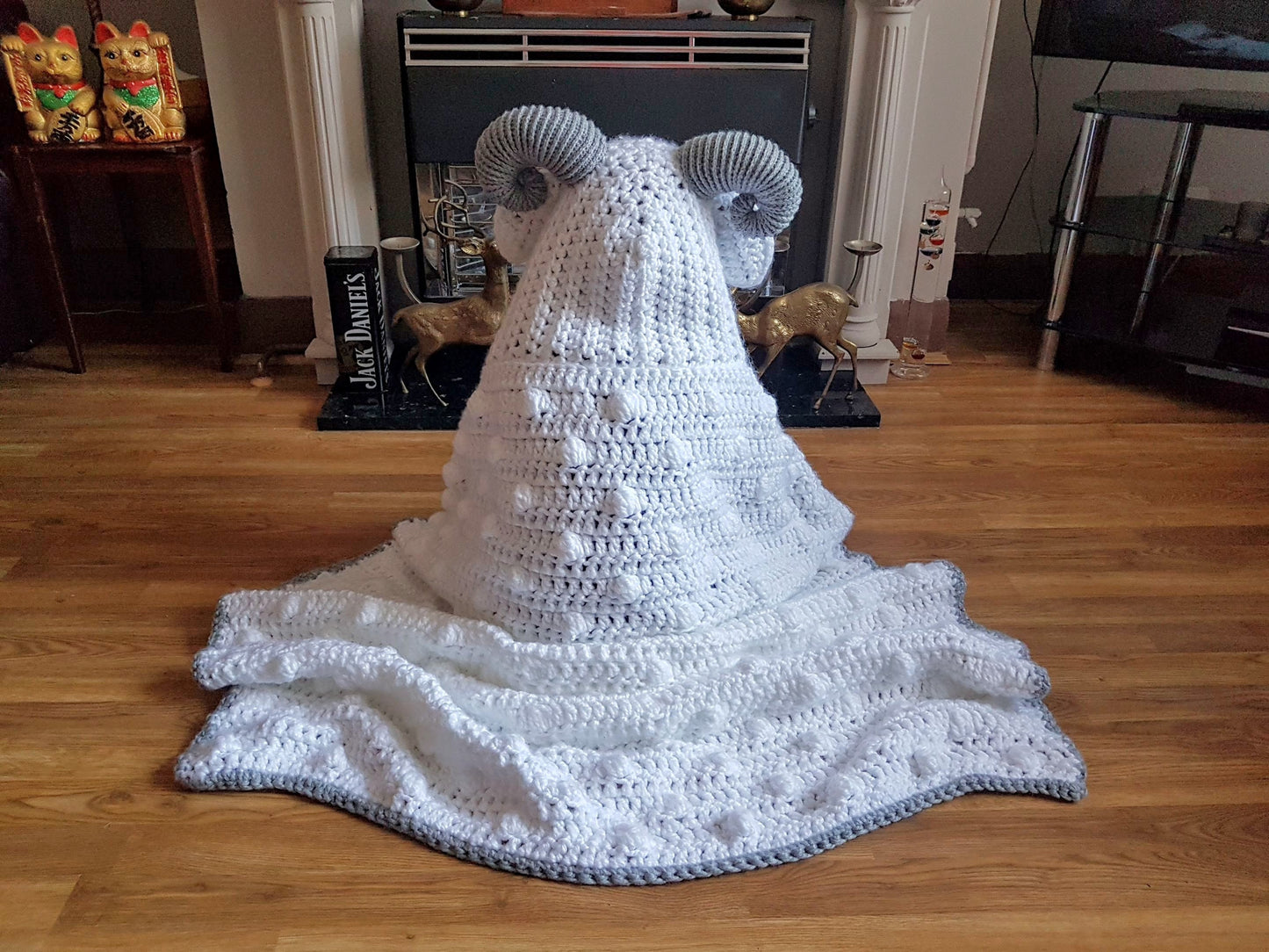 2 in 1 Hooded Ram Sheep Blanket in Adult and Child Sizes Crochet Pattern - Easter Spring Lamb Folding Blanket with Horns