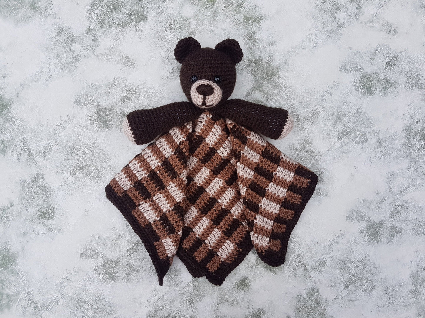 Barry The Bear Baby Lovey Security Blanket Comforter Toy Crochet Pattern ~ Baby Shower Birthday Gift Unisex Brown Plaid Gingham Blanket