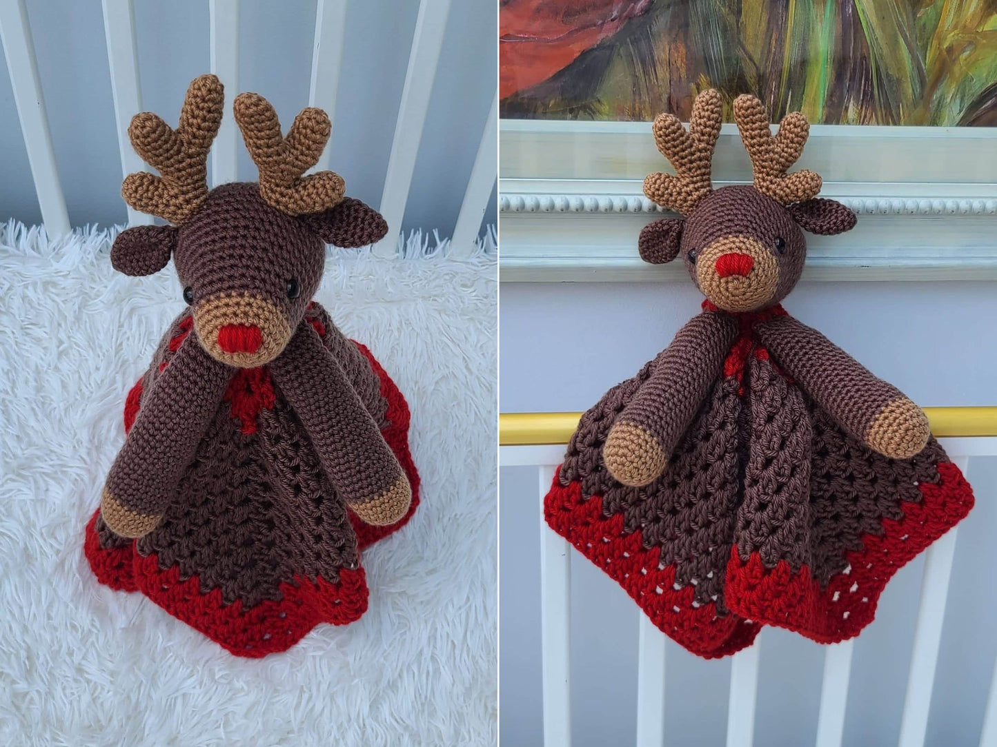 Rudolph Reindeer Baby Lovey Blanket Comforter Security Blanket Crochet Pattern - Baby Shower Gift Animal Lovey - Amigurumi Blankie For Baby