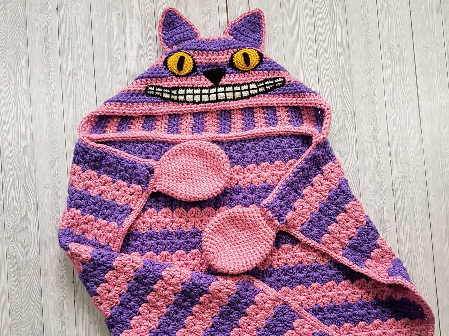 2 in 1 Hooded Cheshire Cat Blanket in Adult and Child Sizes CROCHET PATTERN Wearable Blanket Halloween Costume Birthday Gift Pink Cat Afghan