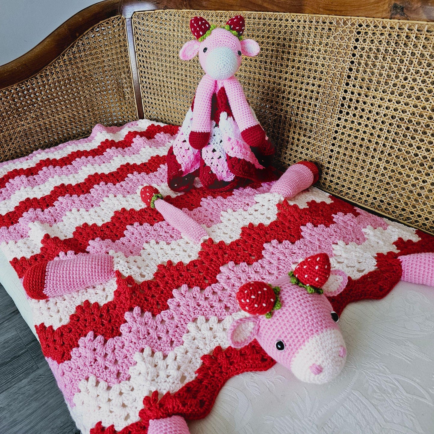 Strawberry Cow Baby Blanket & Lovey Baby Shower Set Crochet Patterns | Pram Blanket Toy Play Mat Baby Security Blanket Stroller Baby Gifts