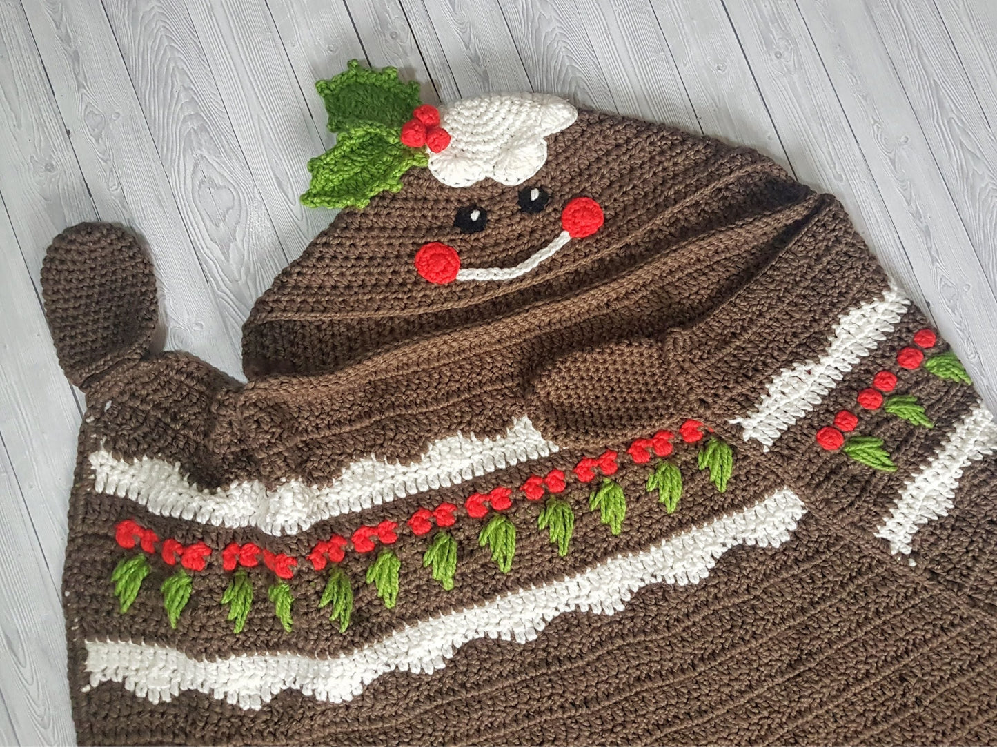 2in1 Hooded Christmas Blanket Christmas Crochet Pattern Pudding Holly Border Adult & Child Wearable Blanket Christmas Birthday Gift Afghan