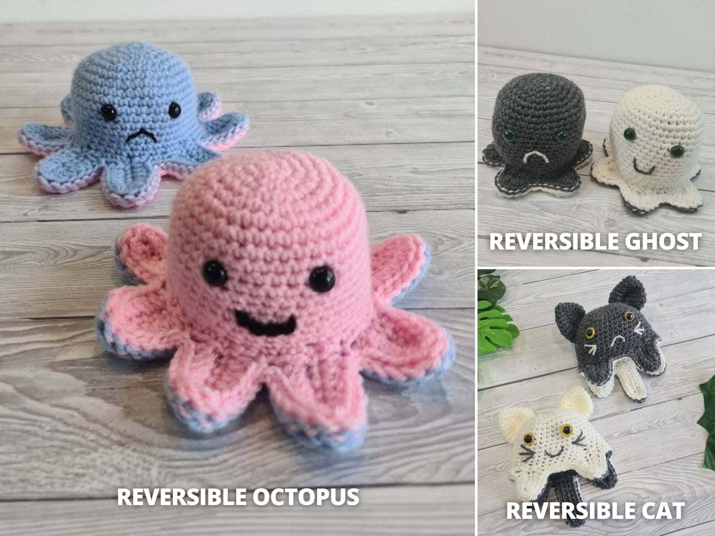 3 Reversible Crochet Amigurumi Toys Bundle - Reversible Octopus Pattern Reversible Mood Cat & Spooky Ghost Amigurumi Toys - Baby Shower Gift
