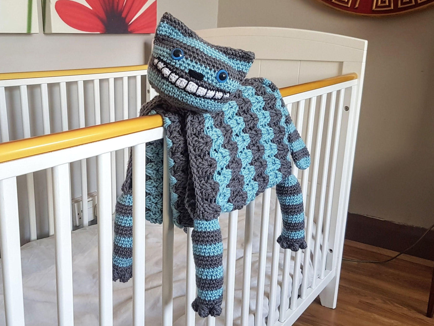 3in1 Cheshire Cat Folding Baby Blanket Crochet Pattern Stroller Pram Toy Security Blanket Lovey Baby Shower Gift Alice Wonderland Halloween
