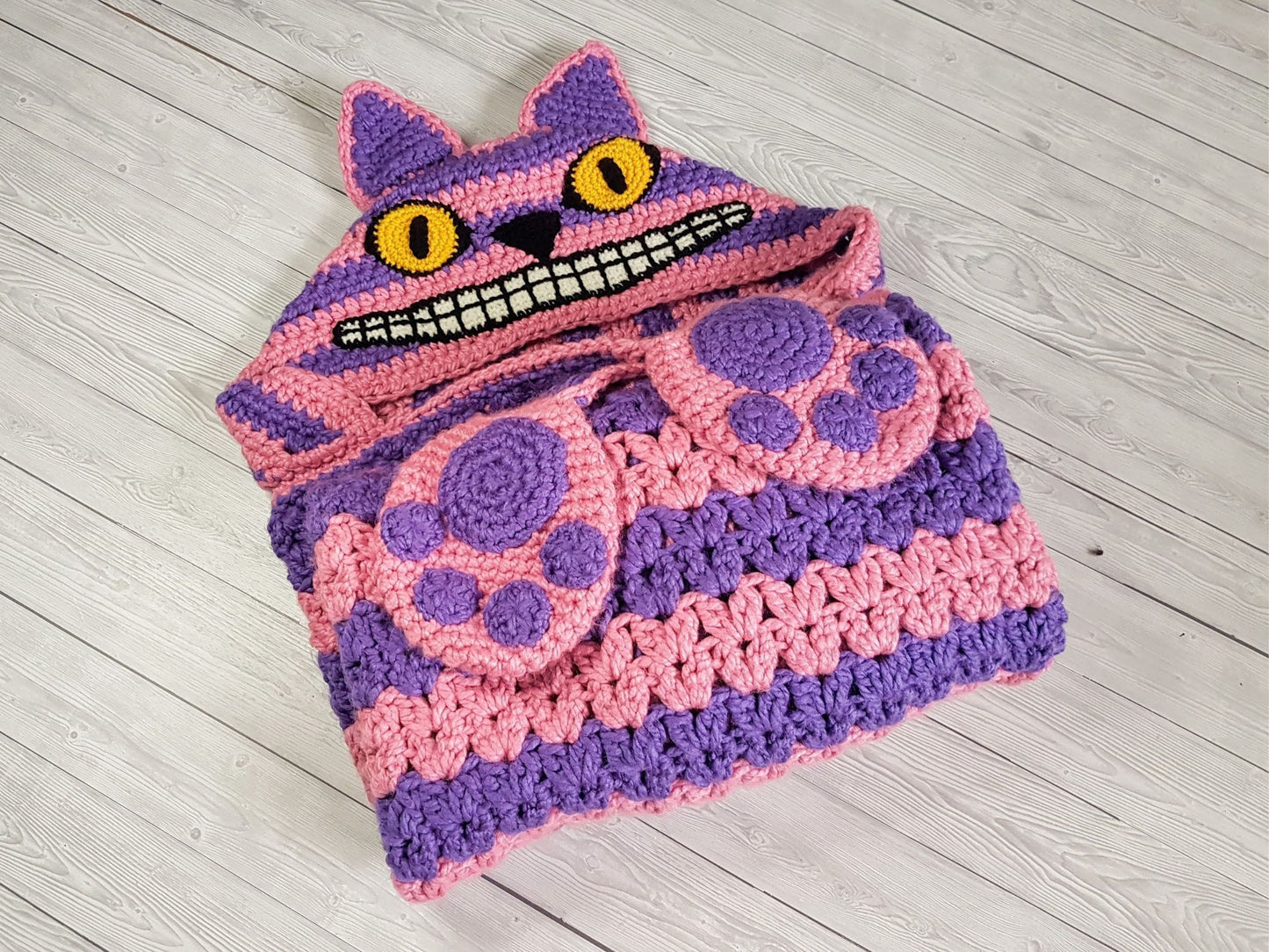 2 in 1 Hooded Cheshire Cat Blanket in Adult and Child Sizes CROCHET PATTERN Wearable Blanket Halloween Costume Birthday Gift Pink Cat Afghan