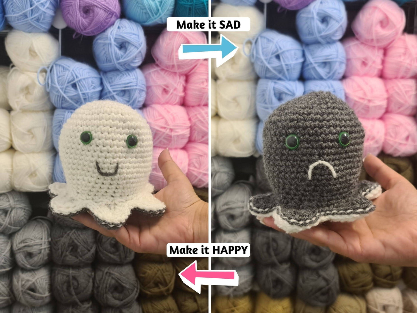 3 Reversible Crochet Amigurumi Toys Bundle - Reversible Octopus Pattern Reversible Mood Cat & Spooky Ghost Amigurumi Toys - Baby Shower Gift