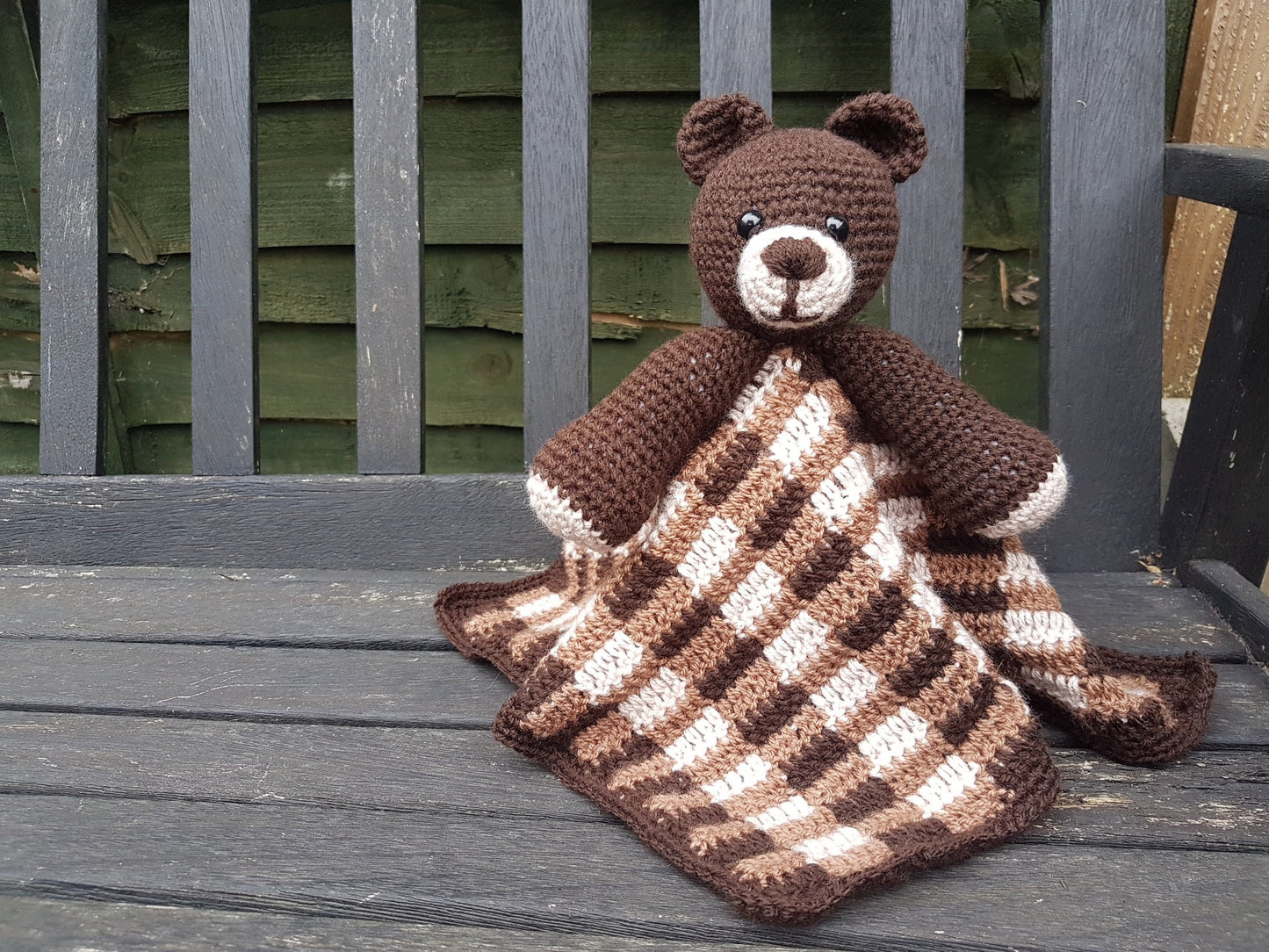 Barry The Bear Baby Lovey Security Blanket Comforter Toy Crochet Pattern ~ Baby Shower Birthday Gift Unisex Brown Plaid Gingham Blanket
