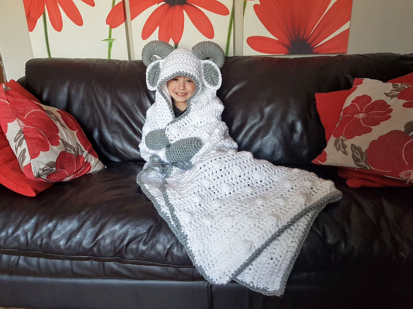 2 in 1 Hooded Ram Sheep Blanket in Adult and Child Sizes Crochet Pattern - Easter Spring Lamb Folding Blanket with Horns