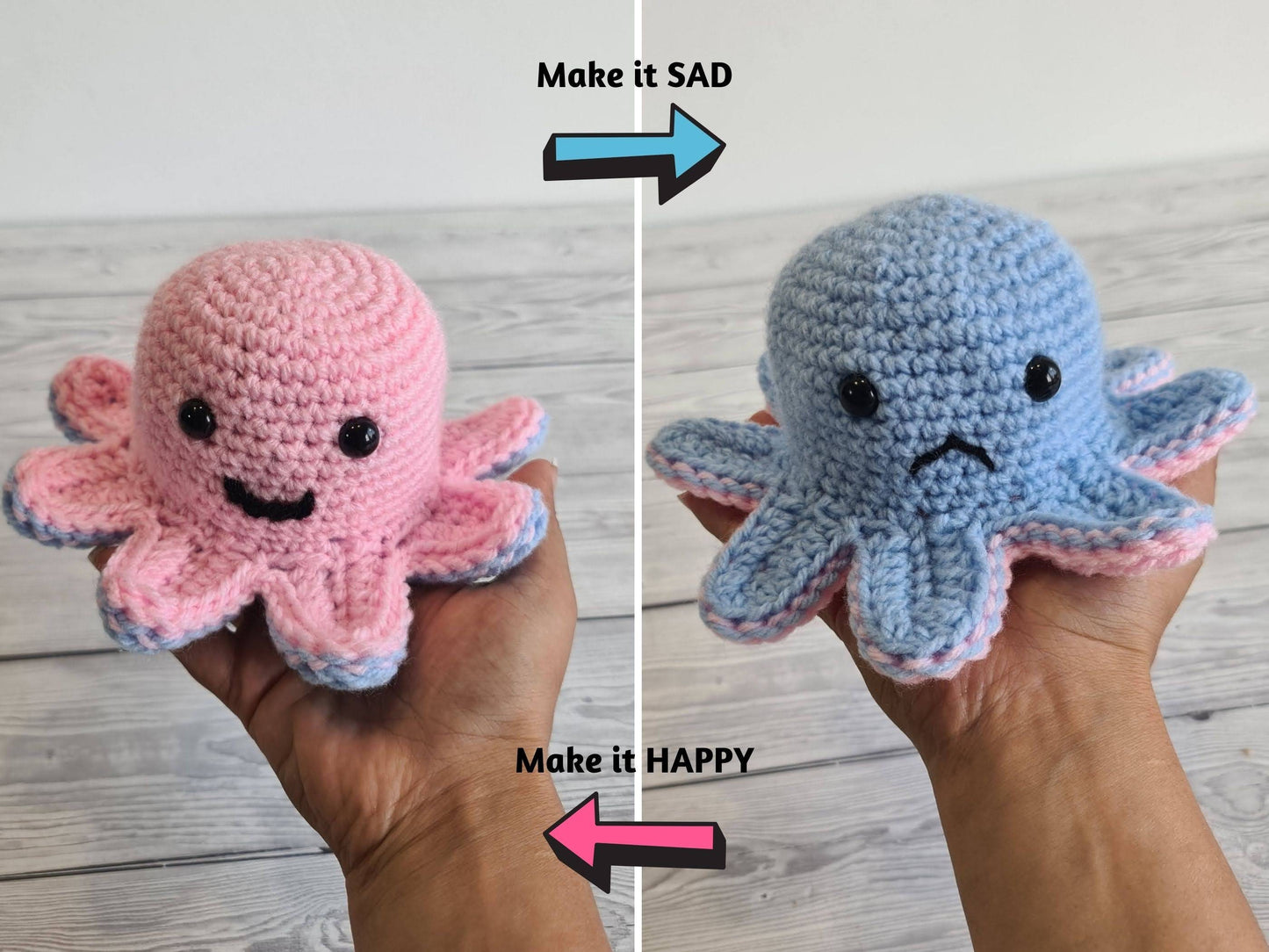 3 Reversible Crochet Amigurumi Toys Bundle - Reversible Octopus Pattern Reversible Mood Cat & Spooky Ghost Amigurumi Toys - Baby Shower Gift