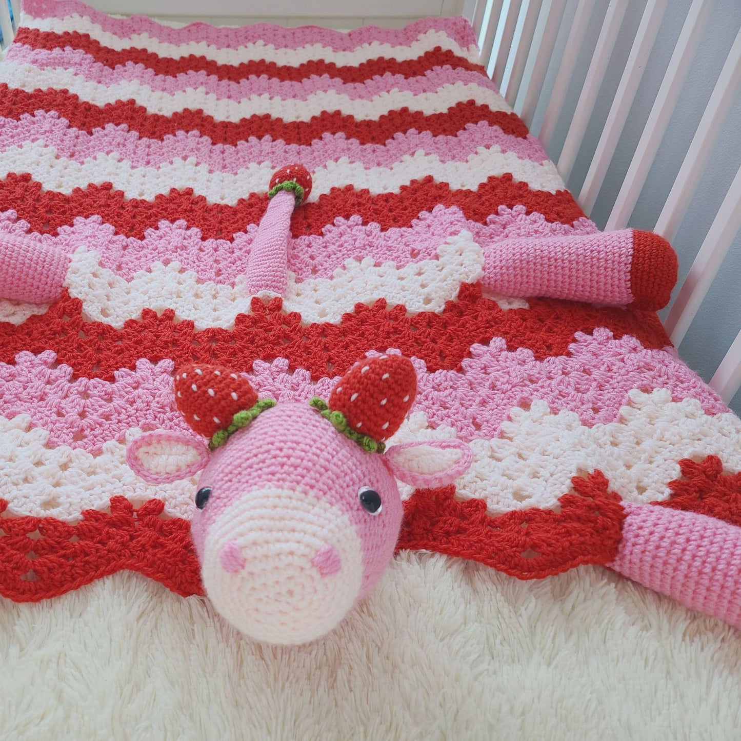 Strawberry Cow Baby Blanket & Lovey Baby Shower Set Crochet Patterns | Pram Blanket Toy Play Mat Baby Security Blanket Stroller Baby Gifts