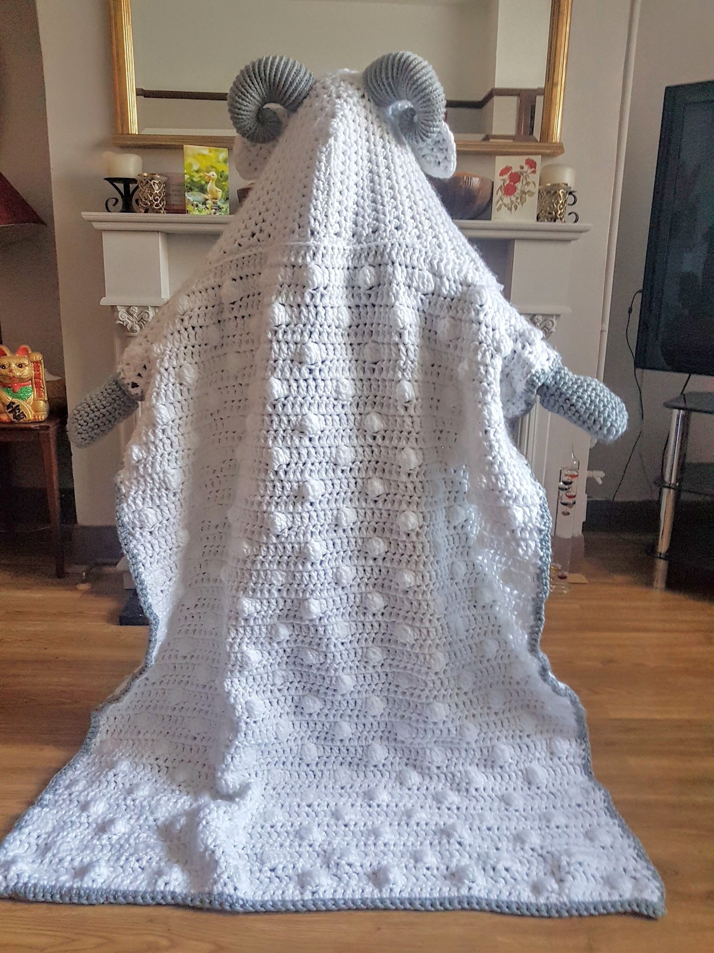 2 in 1 Hooded Ram Sheep Blanket in Adult and Child Sizes Crochet Pattern - Easter Spring Lamb Folding Blanket with Horns