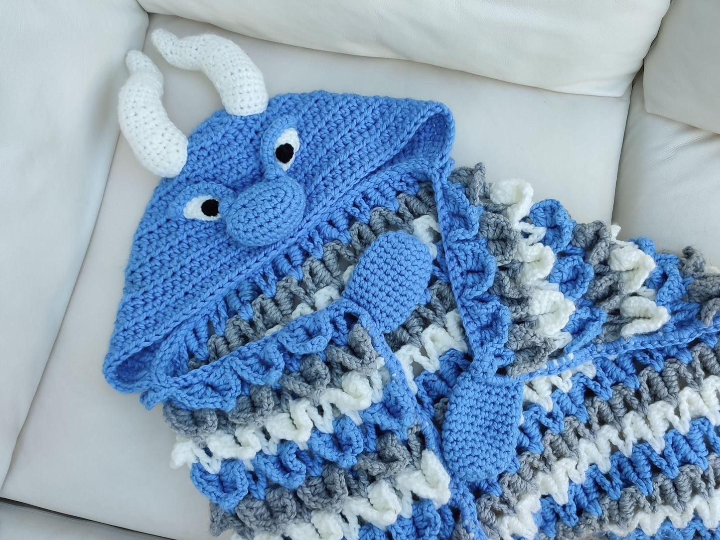 2in1 Hooded Ice Dragon Blanket Crochet Pattern | Kids Adults Dragon Afghan | Wearable Blanket Hoodie Birthday Gift Blanket Christmas Throw