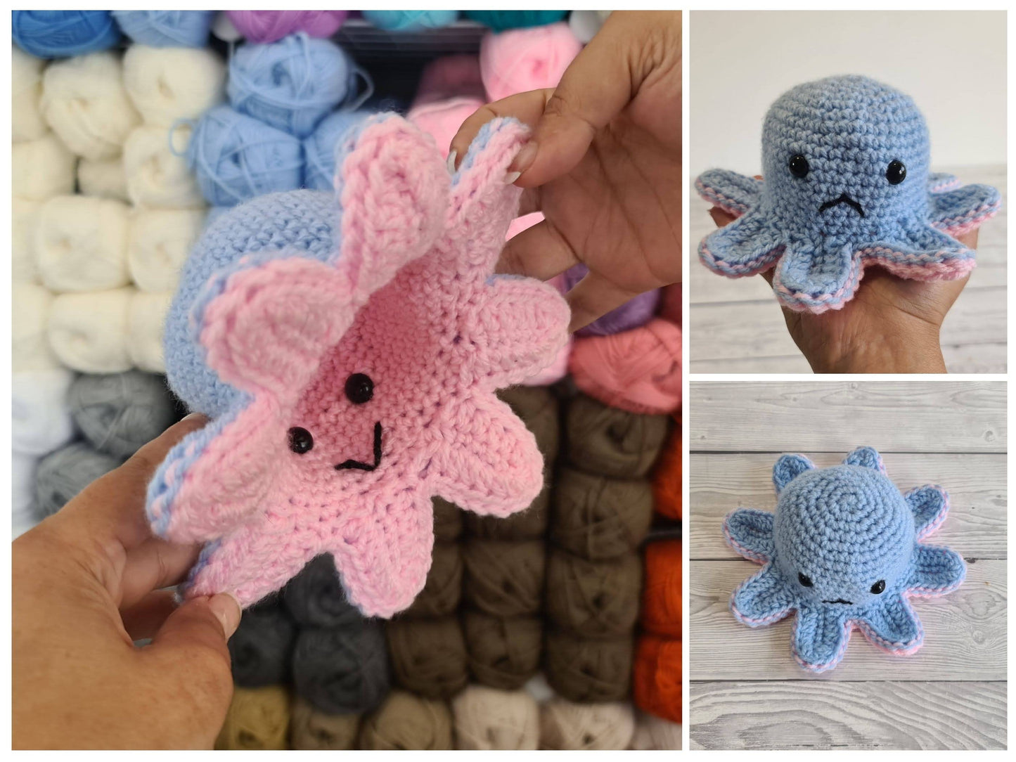 3 Reversible Crochet Amigurumi Toys Bundle - Reversible Octopus Pattern Reversible Mood Cat & Spooky Ghost Amigurumi Toys - Baby Shower Gift