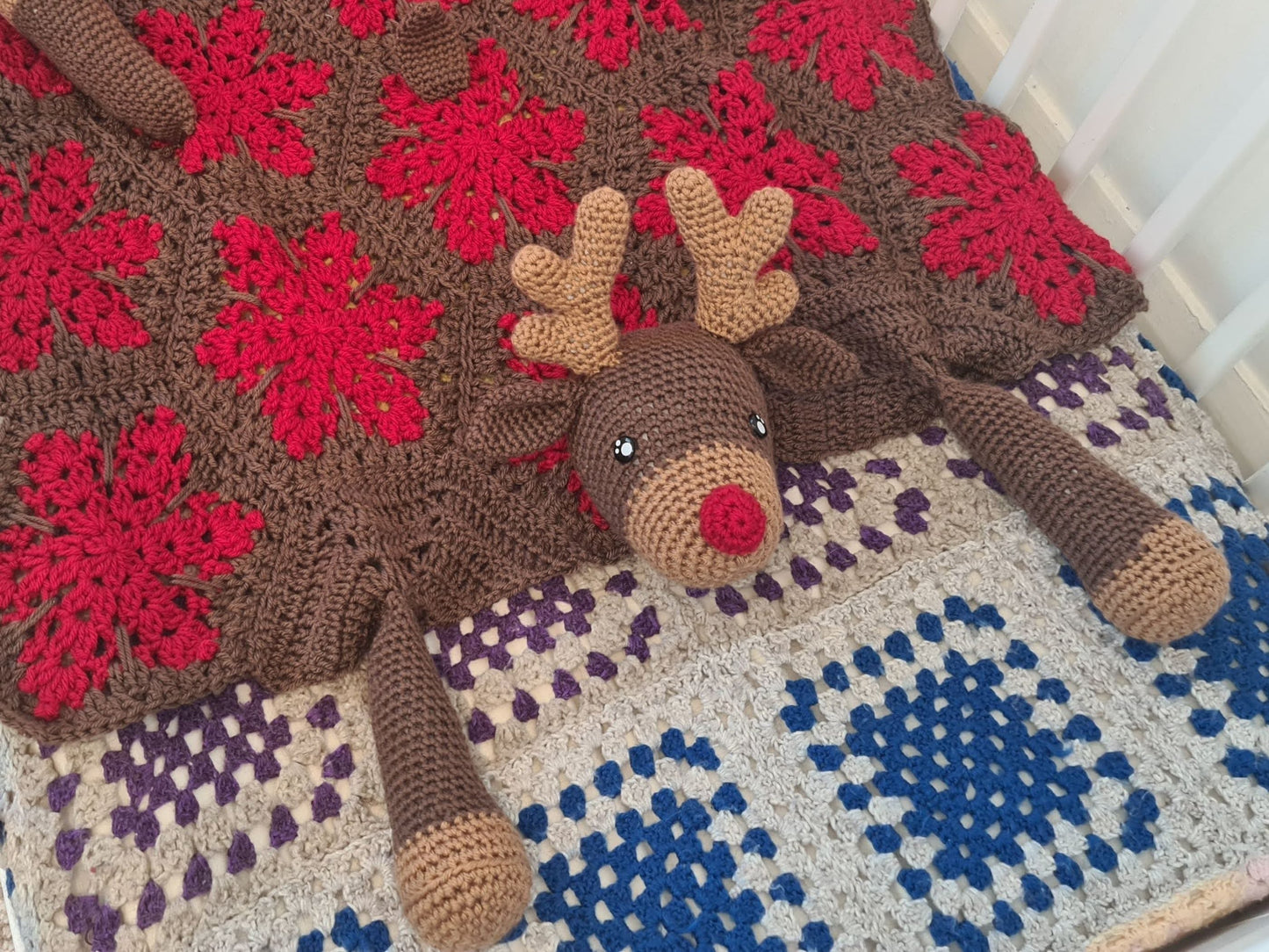 3in1 Festive Reindeer Folding Baby Blanket Crochet Pattern | Stroller Pram Toy Security Blanket Lovey Baby Shower Gift For Boy Girl Play mat