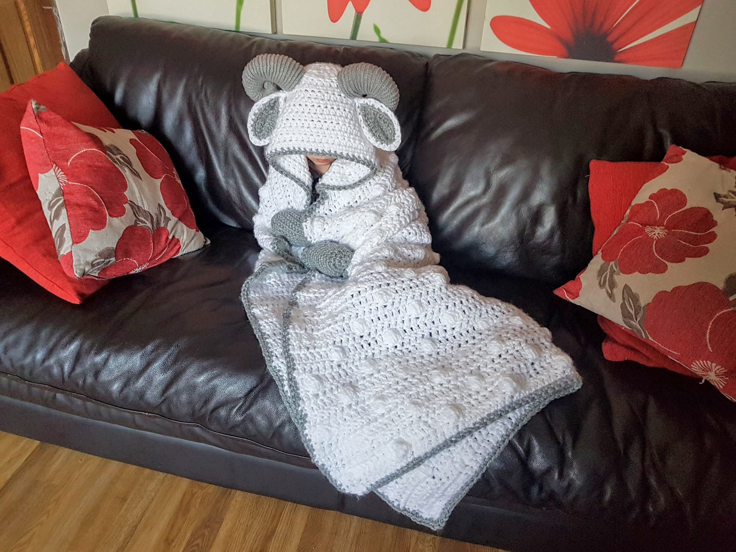 2 in 1 Hooded Ram Sheep Blanket in Adult and Child Sizes Crochet Pattern - Easter Spring Lamb Folding Blanket with Horns