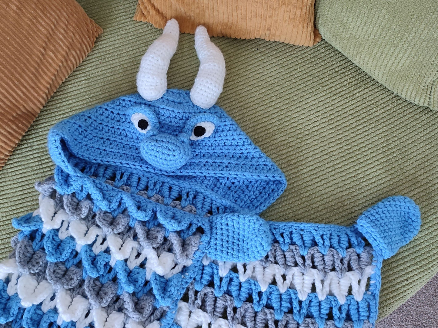 2in1 Hooded Ice Dragon Blanket Crochet Pattern | Kids Adults Dragon Afghan | Wearable Blanket Hoodie Birthday Gift Blanket Christmas Throw