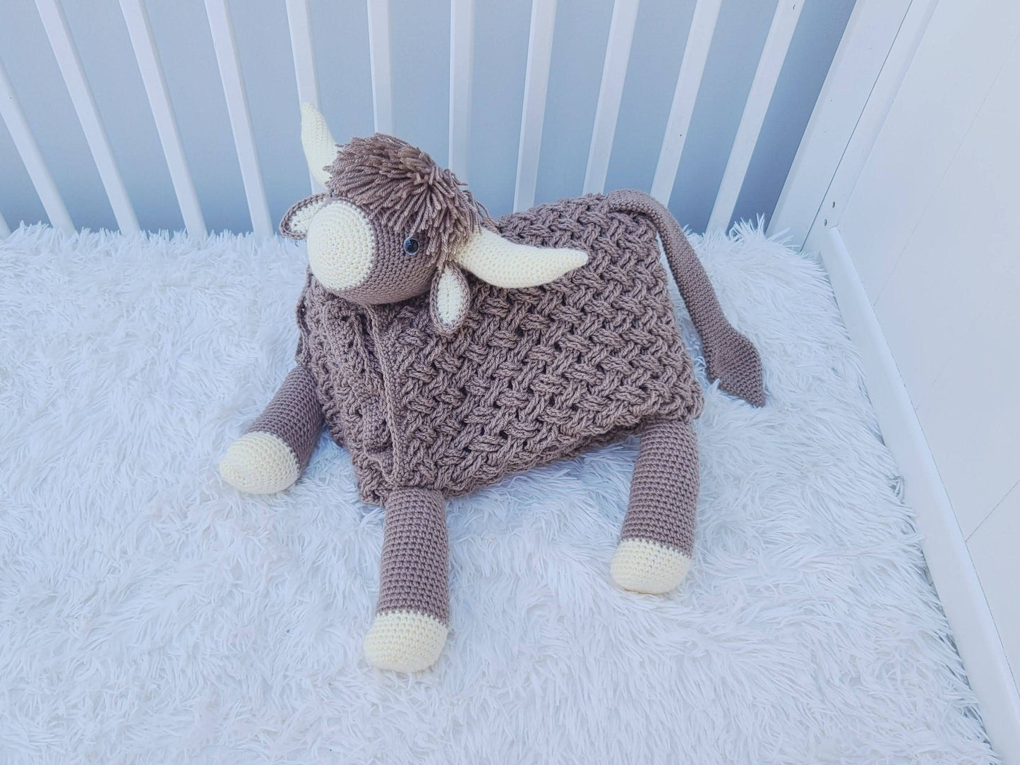 3in1 Highland Cow Folding Baby Blanket Crochet Pattern | Scottish Cow Blanket | Pram Crochet Blanket Toy Lovey | Baby Shower Gift | Birthday