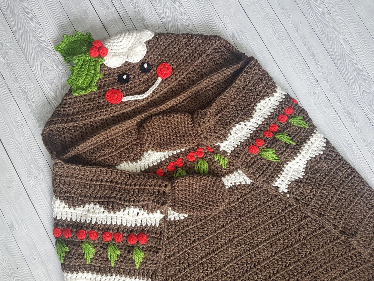 2in1 Hooded Christmas Blanket Christmas Crochet Pattern Pudding Holly Border Adult & Child Wearable Blanket Christmas Birthday Gift Afghan