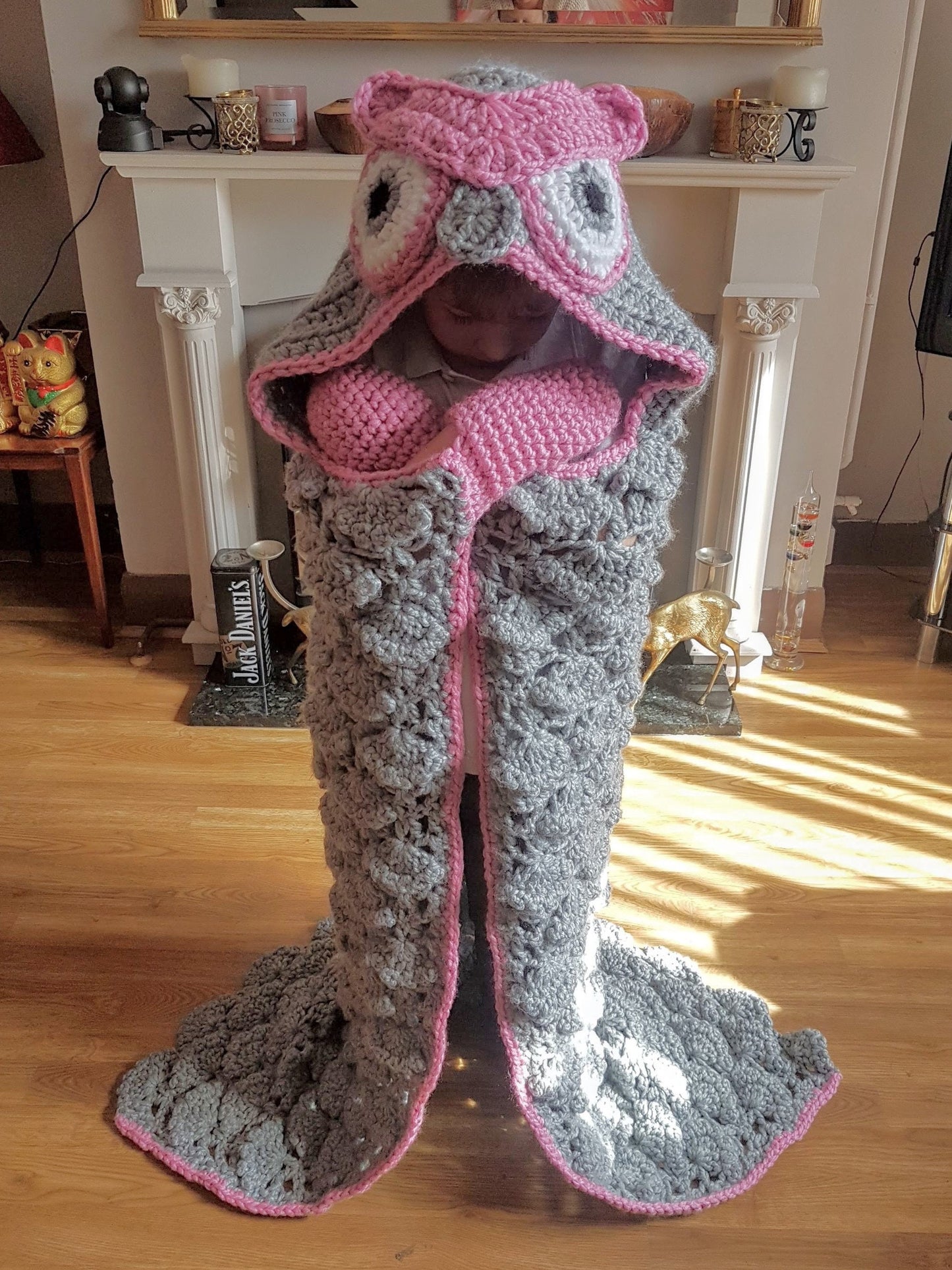 2 in 1 Woodland Owl Hooded Blanket in Child & Adult Size - Full Body Blanket w Mittens and Hood - Ruffled Feathers Look - Folds Into Cushion