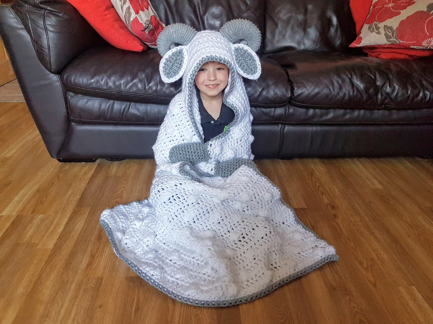 2 in 1 Hooded Ram Sheep Blanket in Adult and Child Sizes Crochet Pattern - Easter Spring Lamb Folding Blanket with Horns